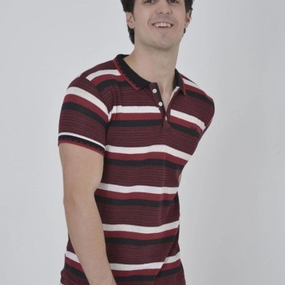 Erkek Polo Yaka tişört Slim Fit Dokuma Çizgili Kısa kol T-Shirt - Bordo